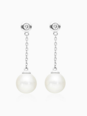 14K White Gold Freshwater Pearl and Bezel Set Diamond Drop Earrings (8.0-8.5mm)