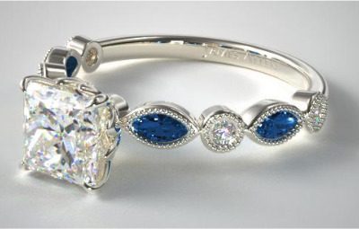 14K White Gold Vintage Round Diamond and Marquise Sapphire Engagement Ring