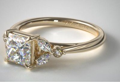 14K Yellow Gold Laurel Leaves Diamond Engagement Ring