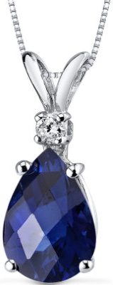 Peora Created Blue Sapphire with Genuine Diamond Pendant in 14K White Gold, Elegant Teardrop Solitaire, Pear Shape, 10x7mm, 2.50 Carats total 