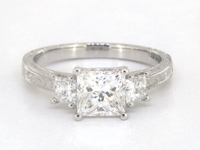 1.54 Carat E-VVS2 Princess Cut Diamond Hand Engraved Three Stone Princess Diamond Engagement Ring