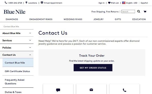 screenshot Blue Nile customer service page