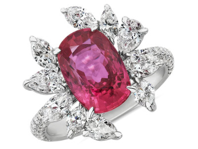 Cushion Cut Ruby and Floral Diamond Ring